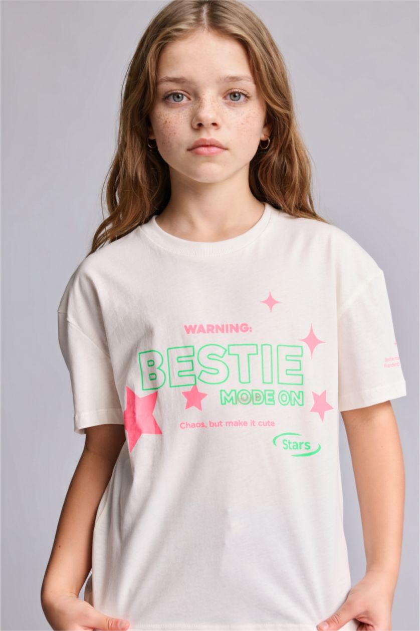 Young Girls - Teen Girls Ecru Girl Printed Crew Neck Short Sleeve T-Shirt