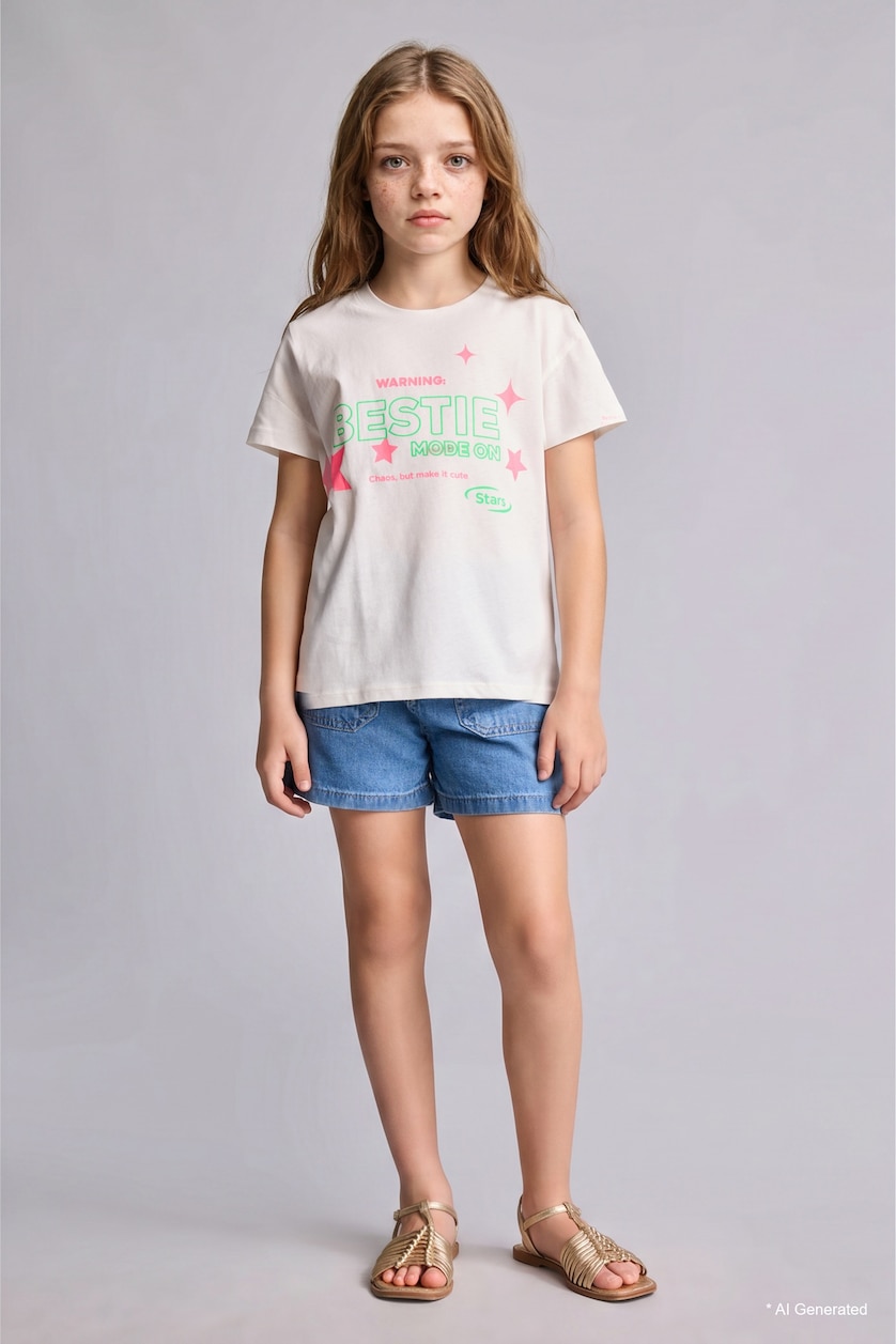 GIRLS & TEENS Ecru Girl Printed Crew Neck Short Sleeve T-Shirt