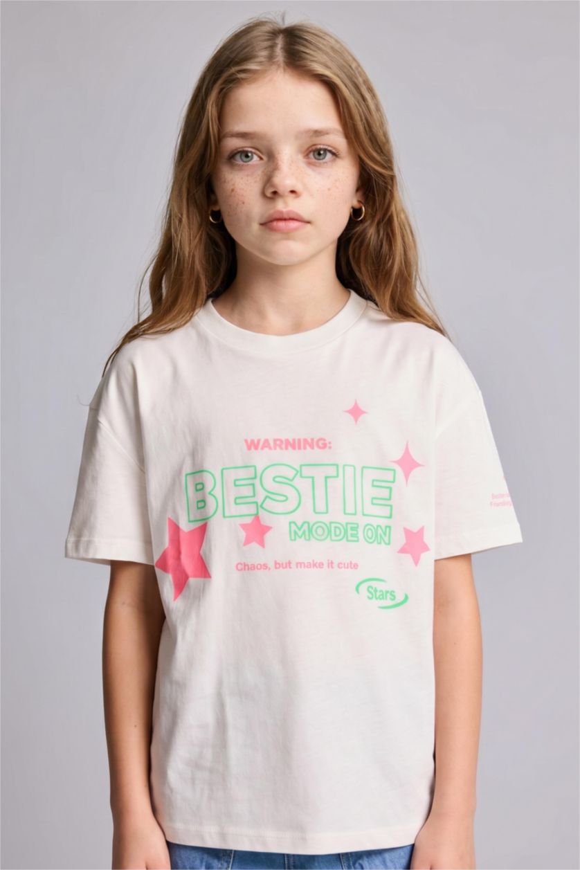 Young Girls - Teen Girls Ecru Girl Printed Crew Neck Short Sleeve T-Shirt