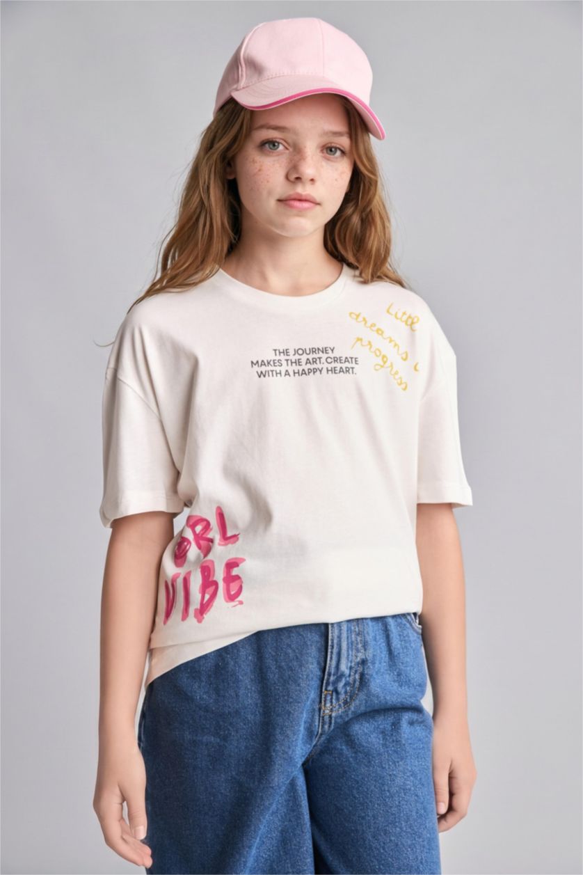 Young Girls - Teen Girls Ecru Girl Crew Neck Printed Short Sleeve T-Shirt