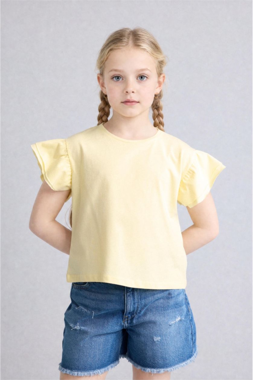 Girls & Teens Light Yellow Girl Regular Fit Crew Neck Cotton Short Sleeve T-Shirt