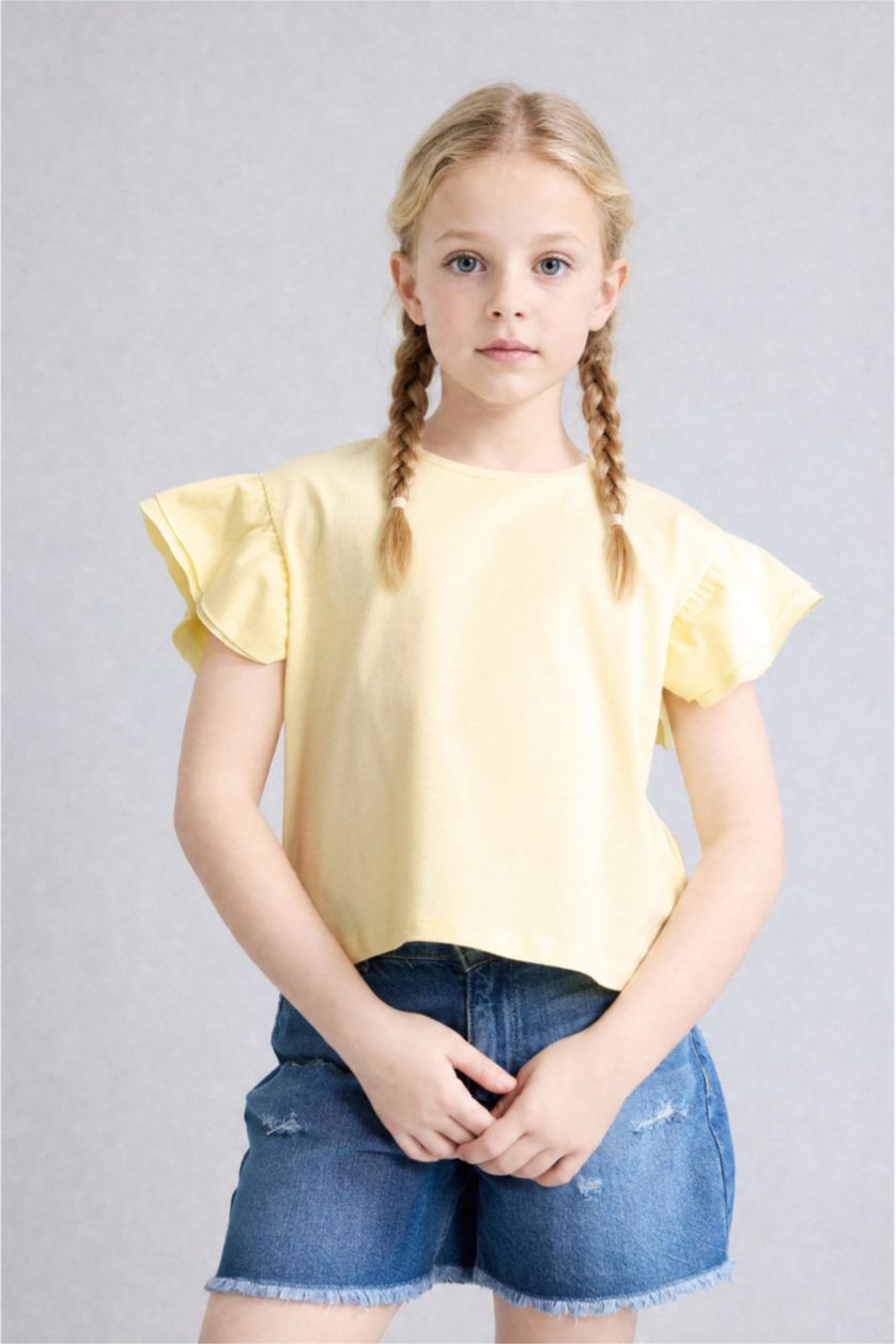 Girls & Teens Light Yellow Girl Regular Fit Crew Neck Cotton Short Sleeve T-Shirt
