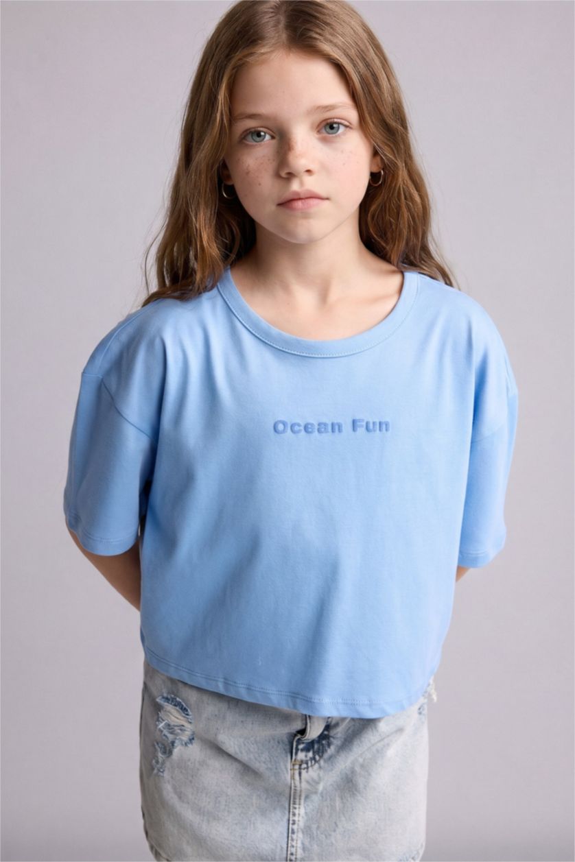بنات أزرق Girl Crew Neck Printed Short Sleeve T-Shirt
