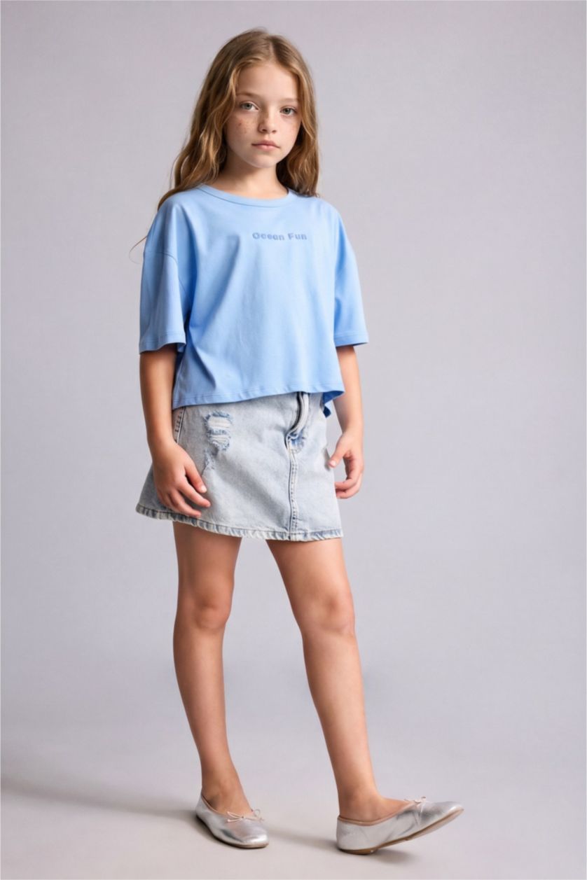 بنات أزرق Girl Crew Neck Printed Short Sleeve T-Shirt