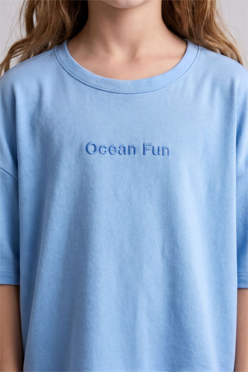 بنات أزرق Girl Crew Neck Printed Short Sleeve T-Shirt