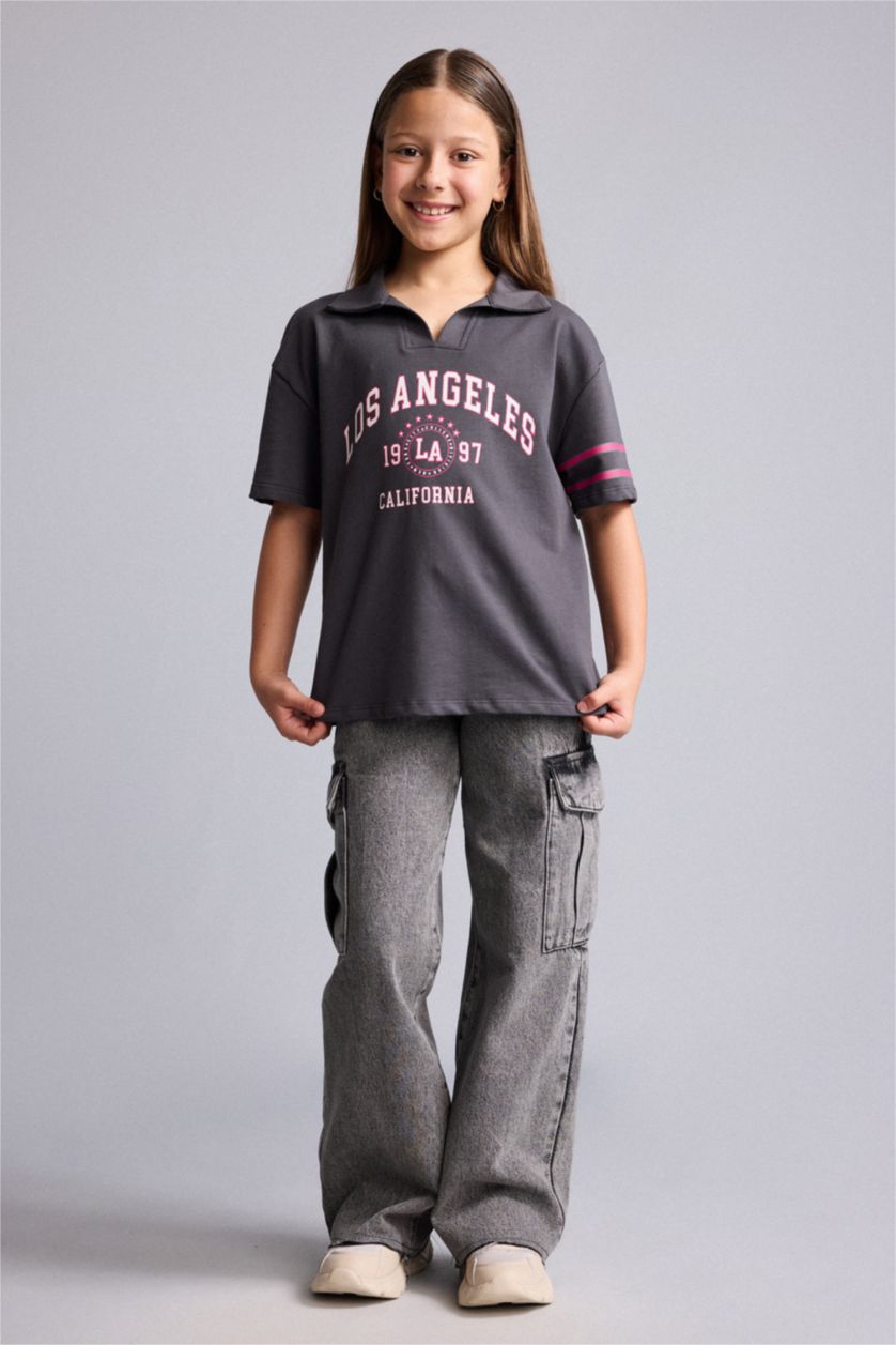 GIRLS & TEENS Anthracite Girl V-Neck Printed Short Sleeve Anthracite T-Shirt