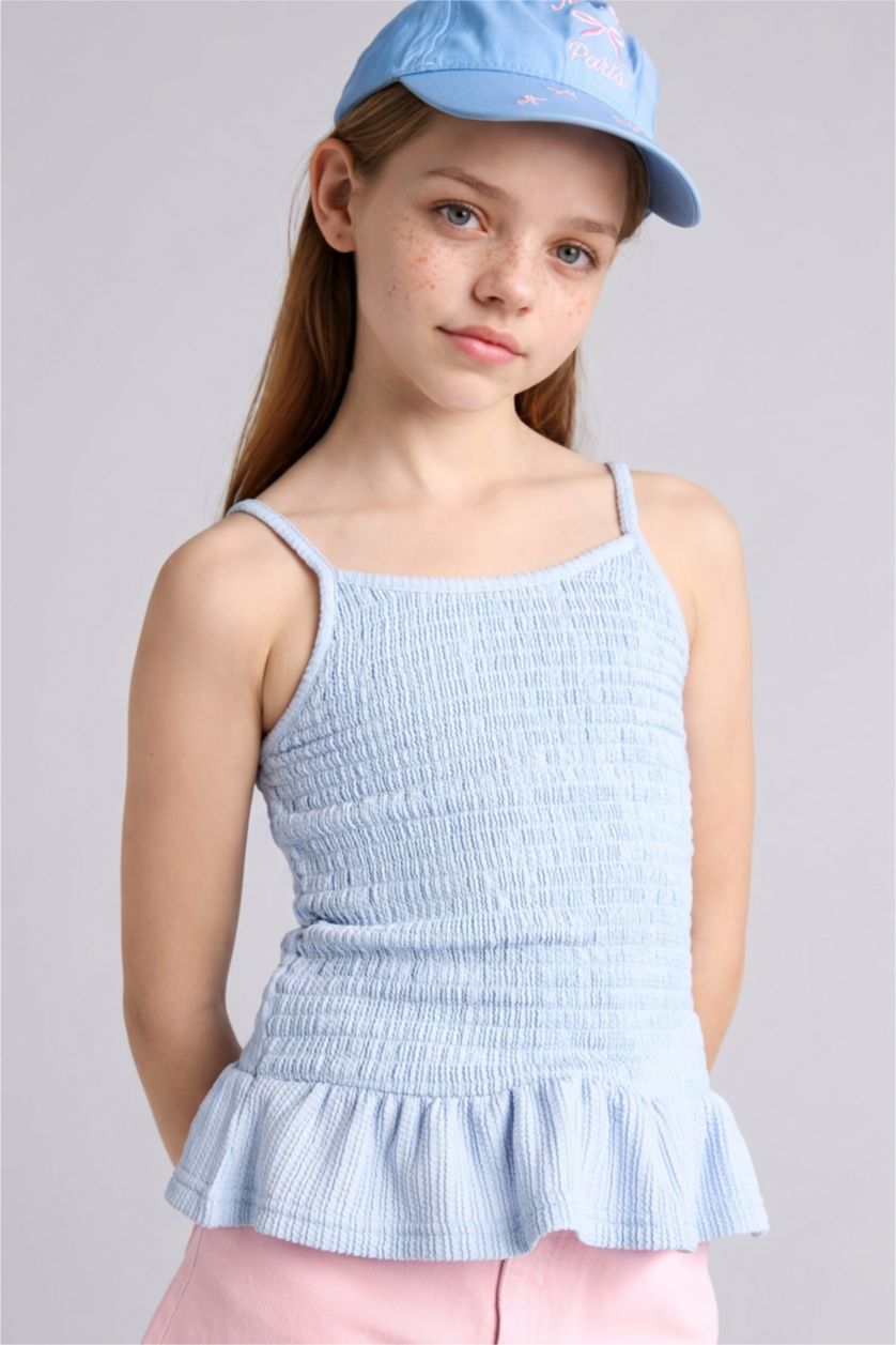 GIRLS & TEENS Light Blue Girl Crew Neck Wrinkled Textured Top