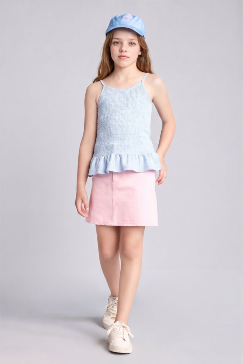 GIRLS & TEENS Light Blue Girl Crew Neck Wrinkled Textured Top