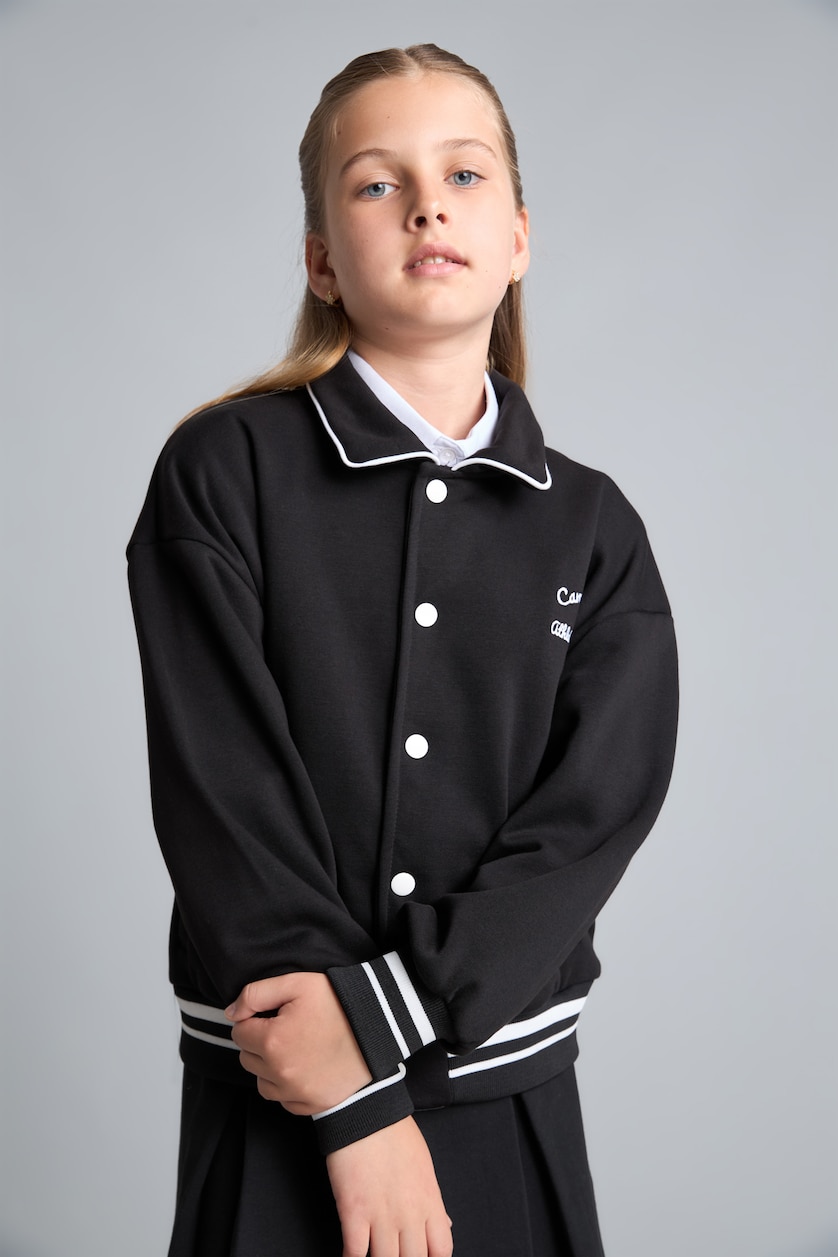 Young Girls - Teen Girls Black Polo Collar Cardigan