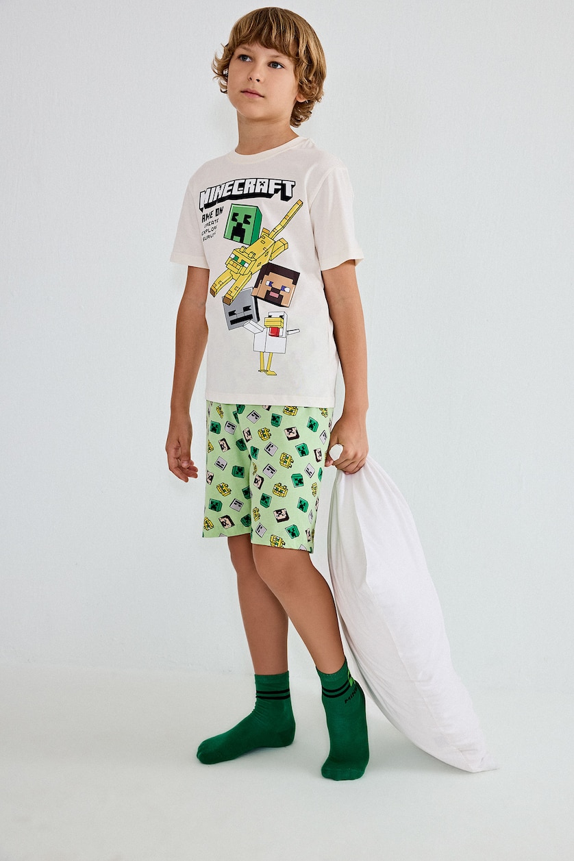 Young Boys - Teen Boys Ecru Boy 100% Cotton Minecraft Regular Fit 2 Piece Pyjama Set