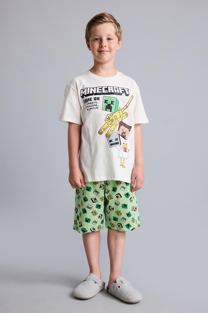 Young Boys - Teen Boys Ecru Boy 100% Cotton Minecraft Regular Fit 2 Piece Pyjama Set