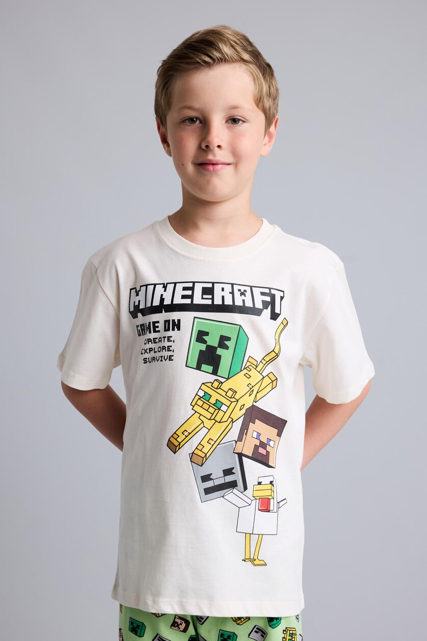 Young Boys - Teen Boys Ecru Boy 100% Cotton Minecraft Regular Fit 2 Piece Pyjama Set