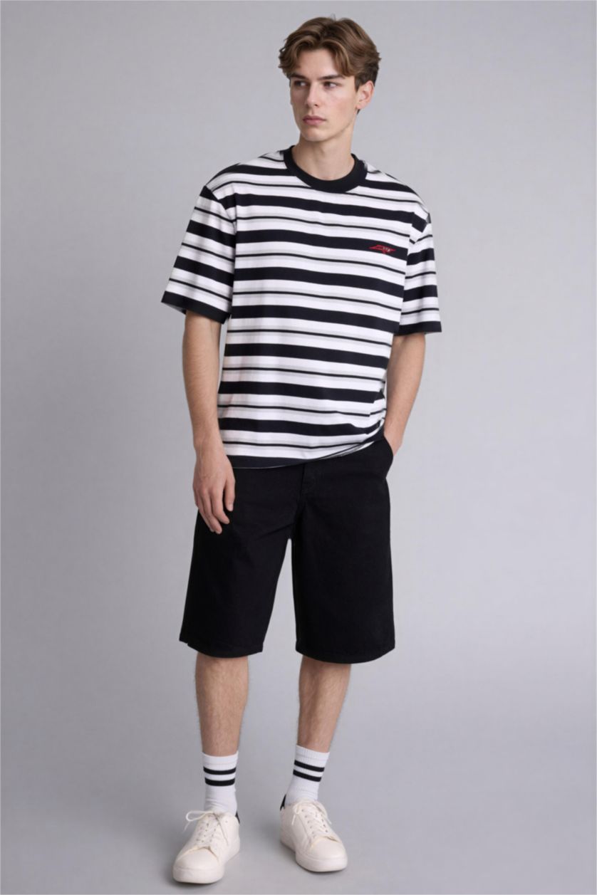 Erkek Siyah Boxy Fıt Çizgili Tişört