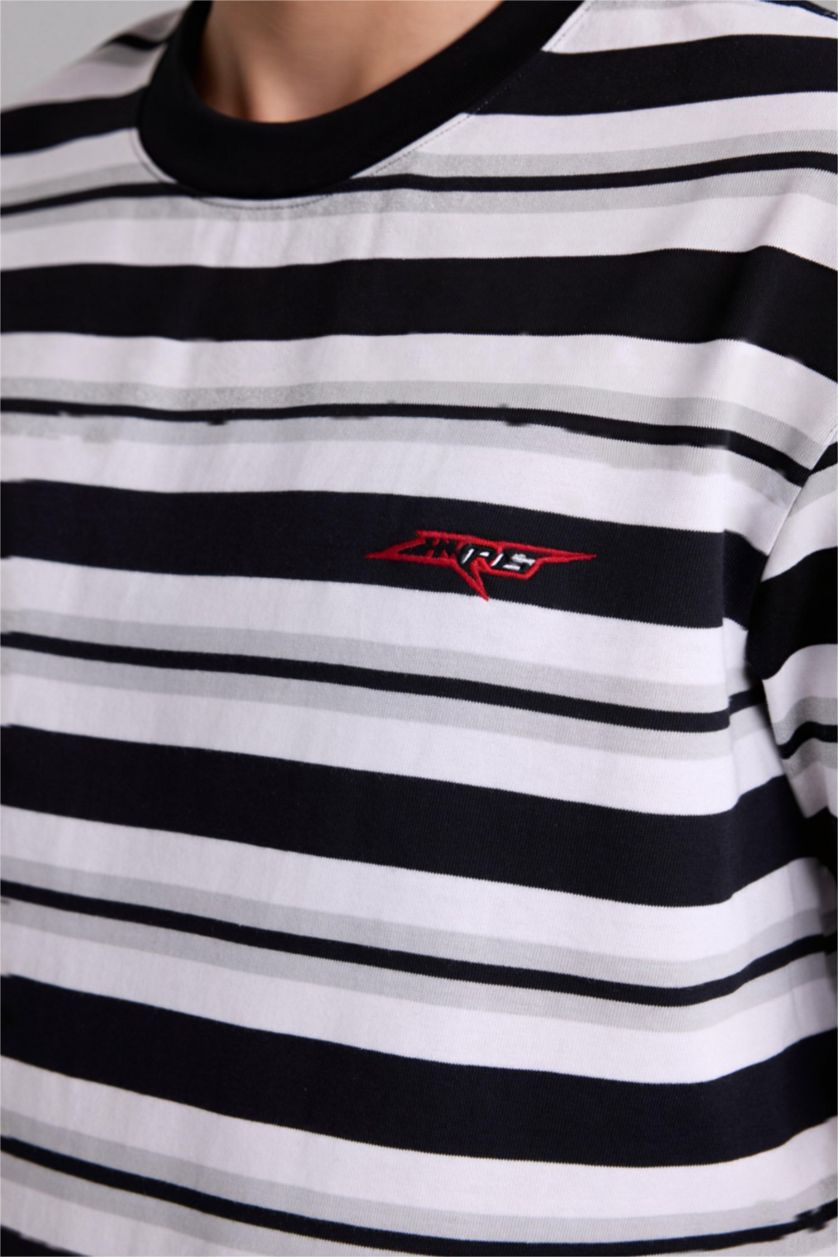 Erkek Siyah Boxy Fıt Çizgili Tişört