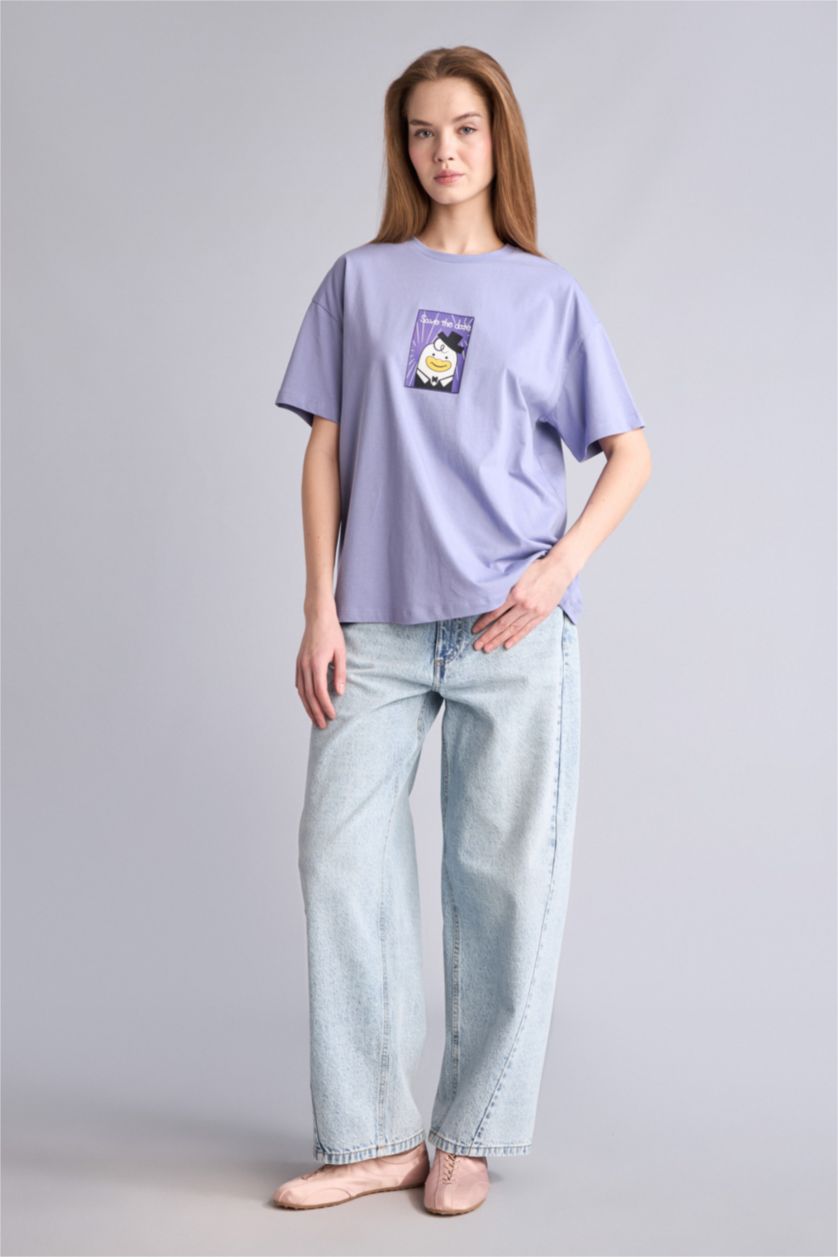 Kadın Lila Oversize Lisanslı Baskılı Tişört
