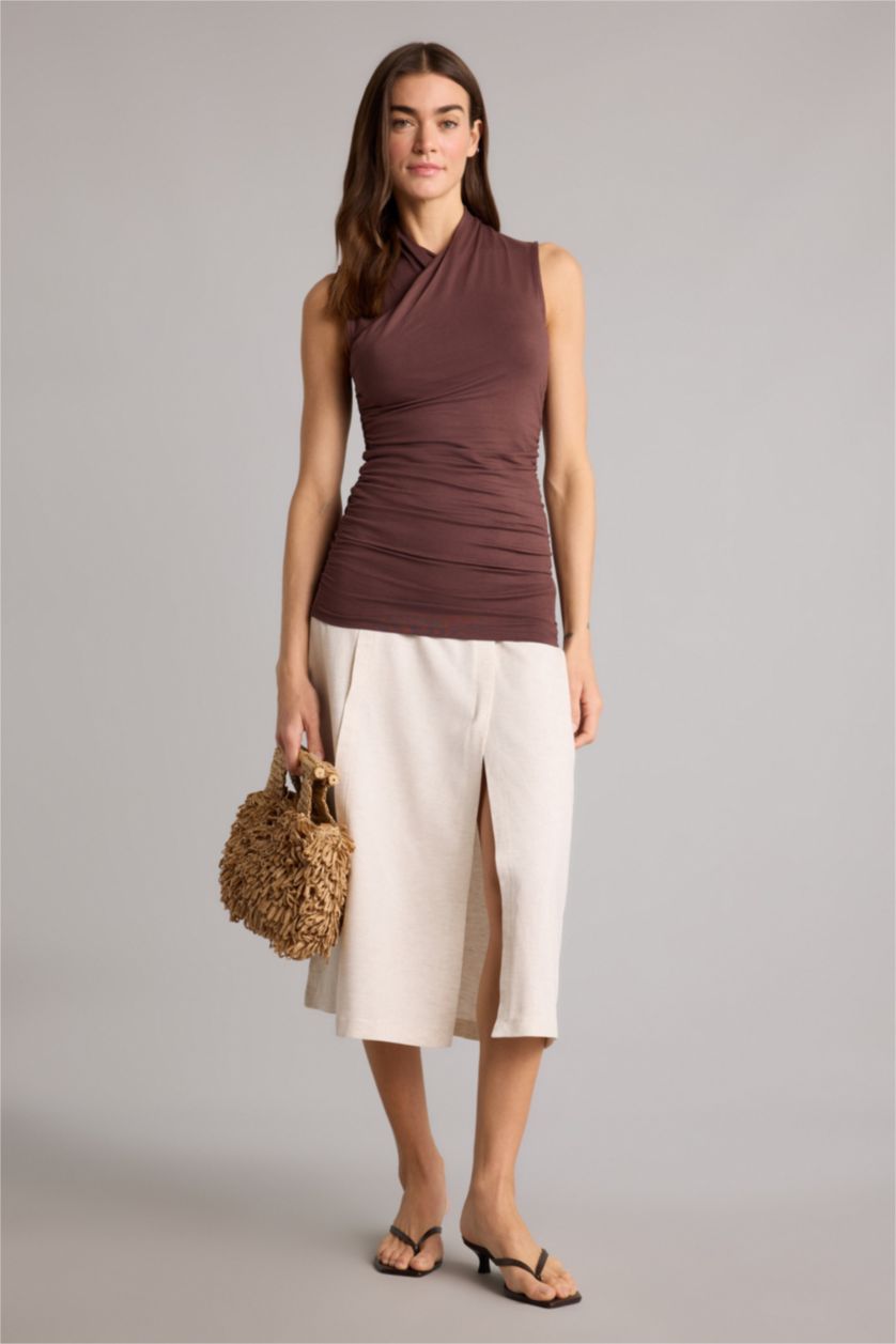 Kadın Kahve Slım Fıt Wrap Yaka Atlet