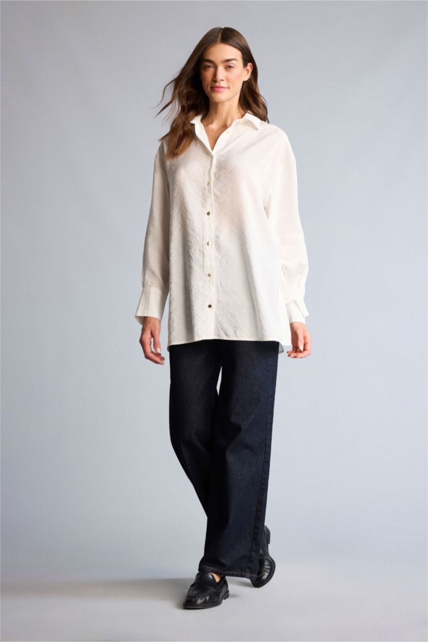 Kadın Kırık Beyaz Oversıze Polo Yaka Gömlek