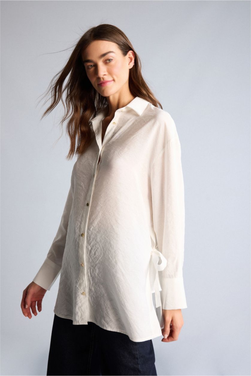 Kadın Kırık Beyaz Oversıze Polo Yaka Gömlek