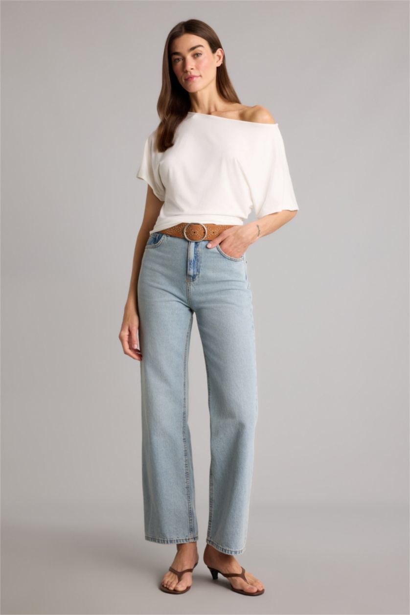 Kadın Ekru Slım Fıt Tek Omuzlu Tişört