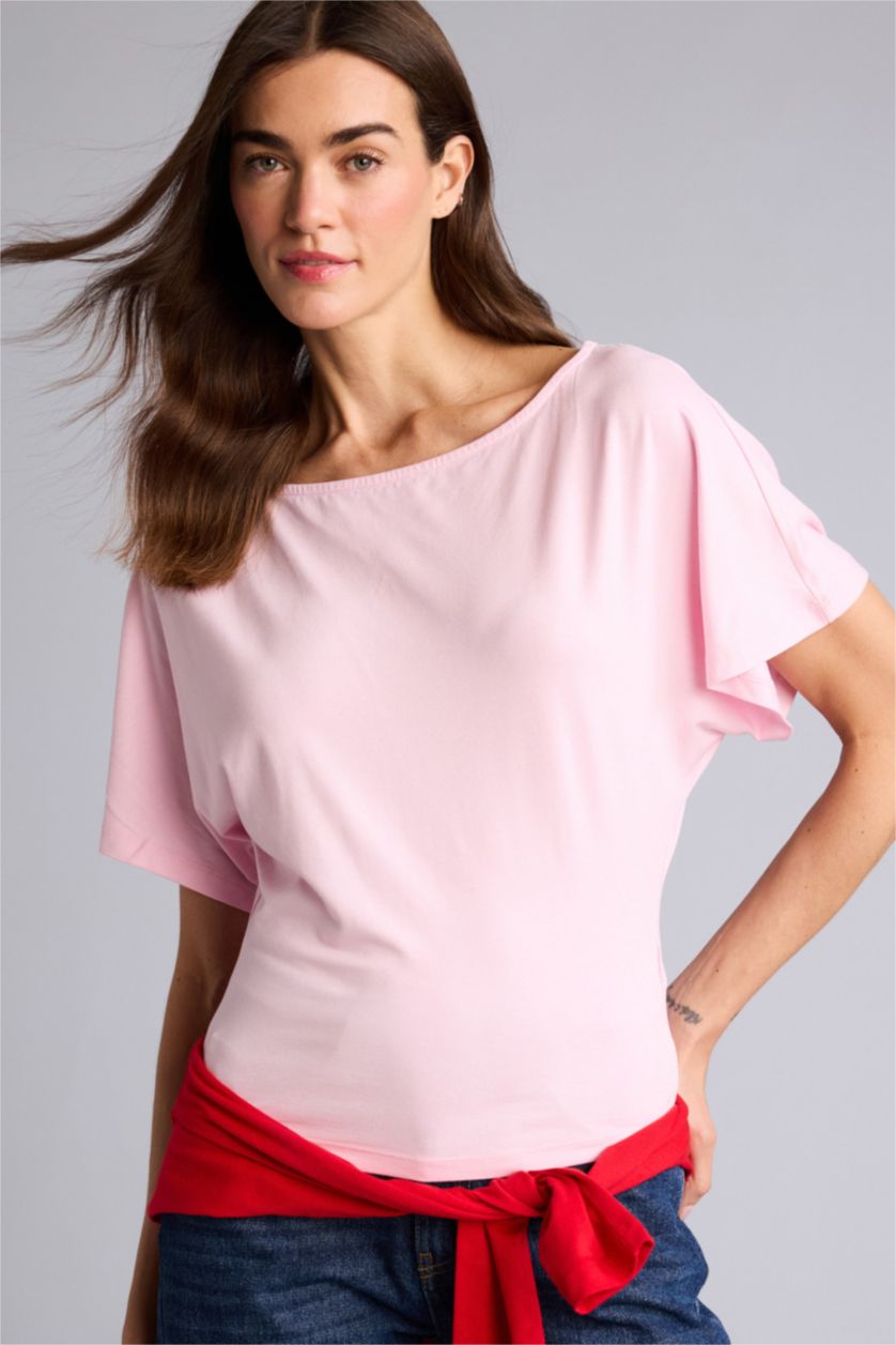 Kadın Açık Pembe Slım Fıt Tek Omuzlu Tişört