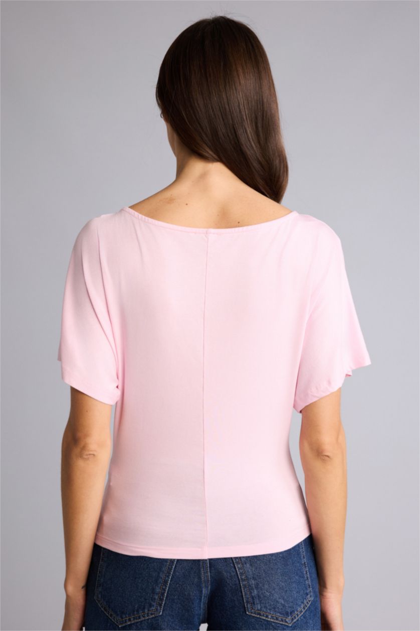 Kadın Açık Pembe Slım Fıt Tek Omuzlu Tişört