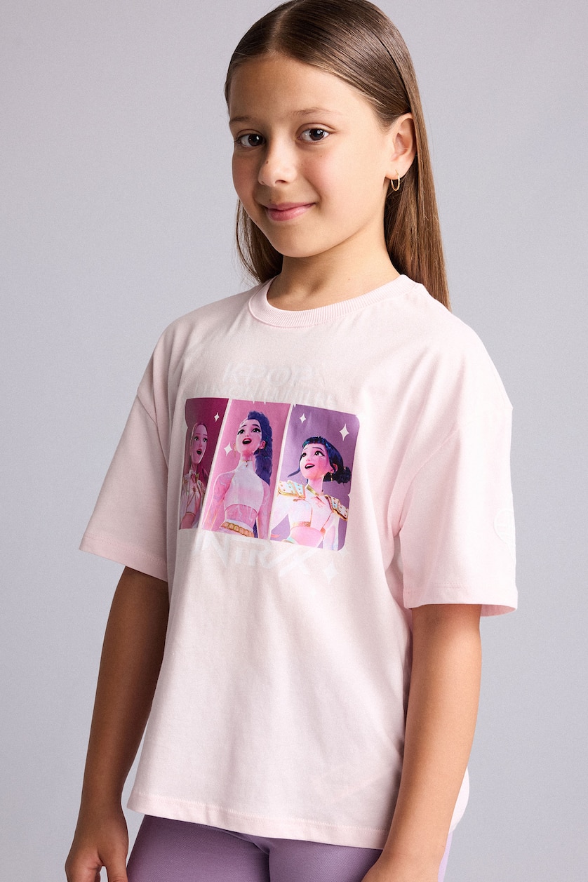 Kız Çocuk - Genç Kız Açık Pembe %100 Pamuk Kpop - Demon Hunters Oversize Tişört Kız Çocuk