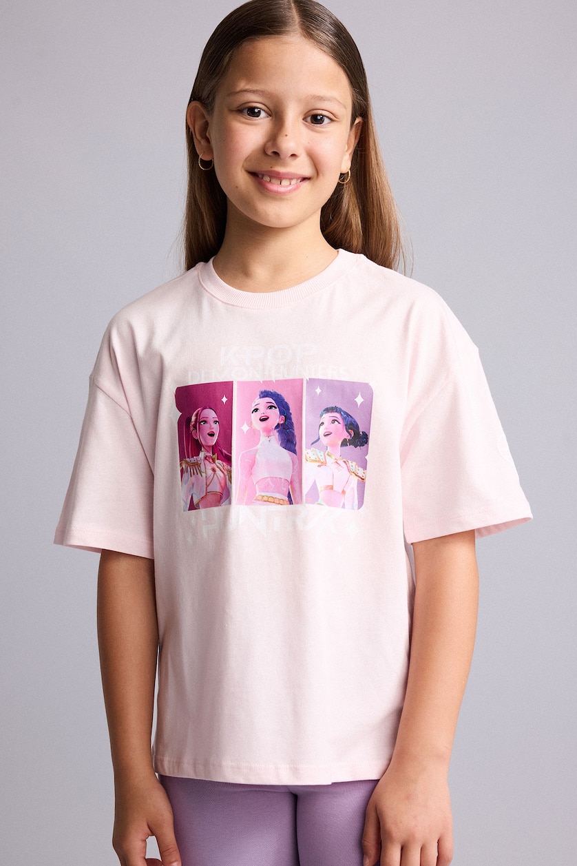 Kız Çocuk - Genç Kız Açık Pembe %100 Pamuk Kpop - Demon Hunters Oversize Tişört Kız Çocuk
