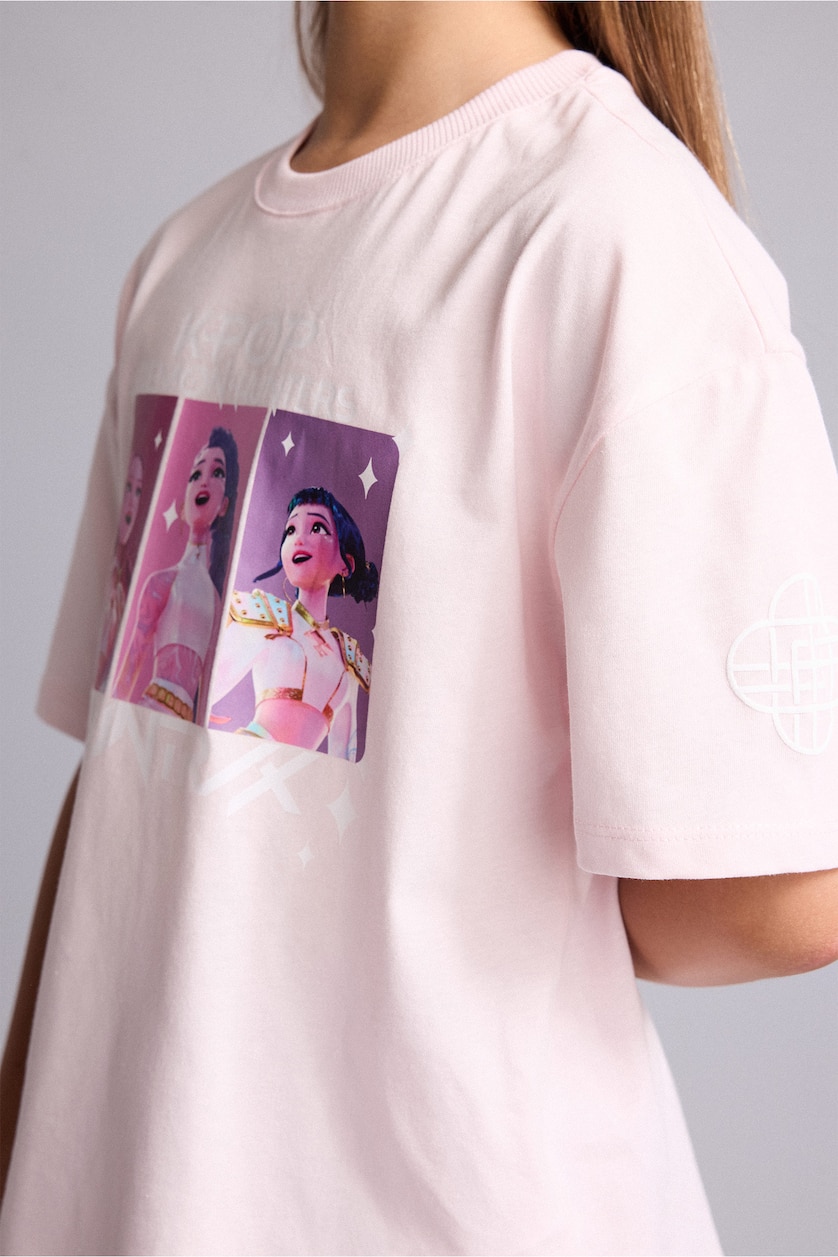 Kız Çocuk - Genç Kız Açık Pembe %100 Pamuk Kpop - Demon Hunters Oversize Tişört Kız Çocuk