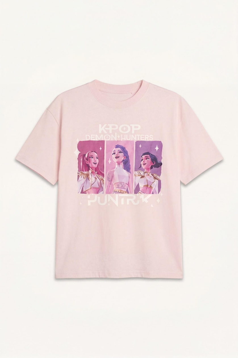 Kız Çocuk - Genç Kız Açık Pembe %100 Pamuk Kpop - Demon Hunters Oversize Tişört Kız Çocuk