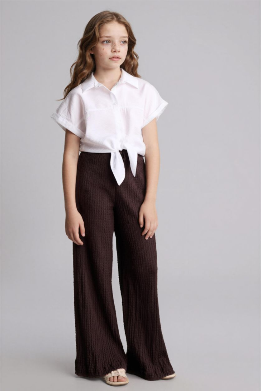 بنات بني بنطلون بناتي وايد ليج برجل واسع قماش كرنكيل