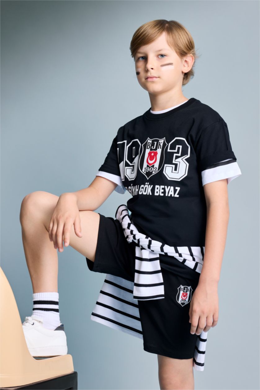 Erkek Çocuk - Genç Erkek Siyah %100 Pamuk Beşiktaş Tişört Şort Pijama Takımı Erkek Çocuk