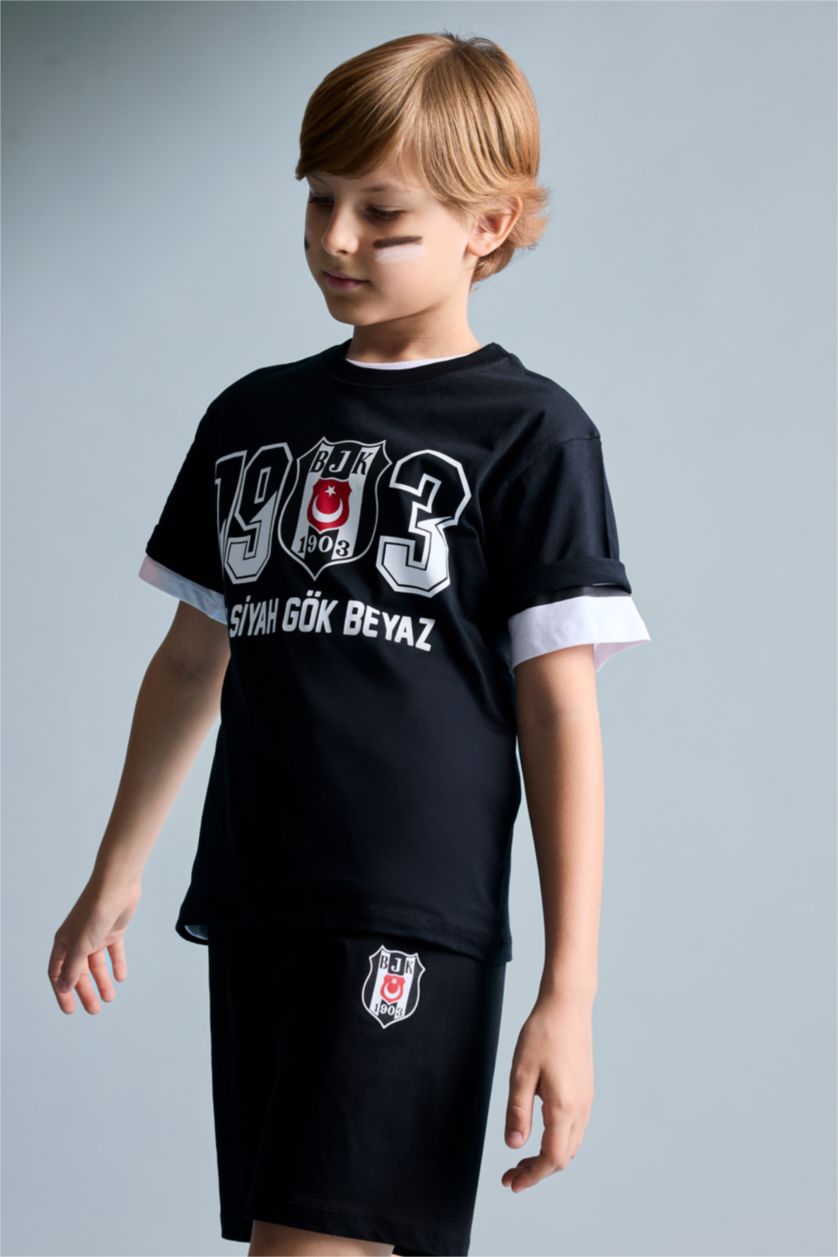 Erkek Çocuk - Genç Erkek Siyah %100 Pamuk Beşiktaş Tişört Şort Pijama Takımı Erkek Çocuk