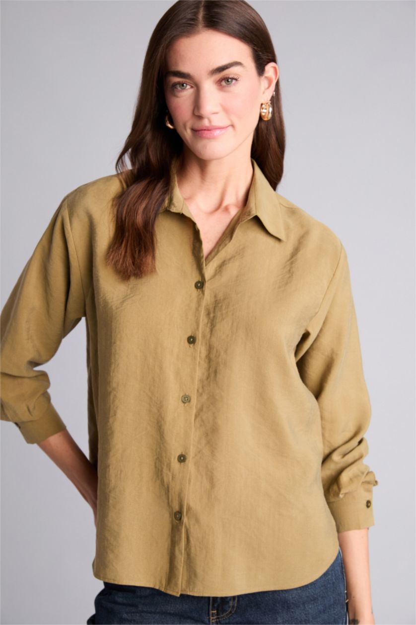 Kadın Haki Overshırt Fıt Gömlek Yaka Modal Uzun Kollu Gömlek