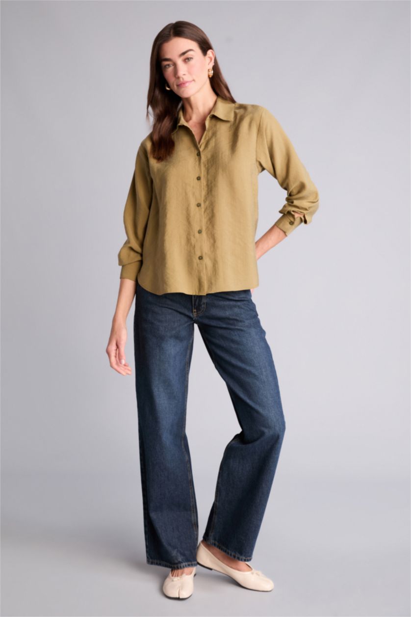 Kadın Haki Overshırt Fıt Gömlek Yaka Modal Uzun Kollu Gömlek