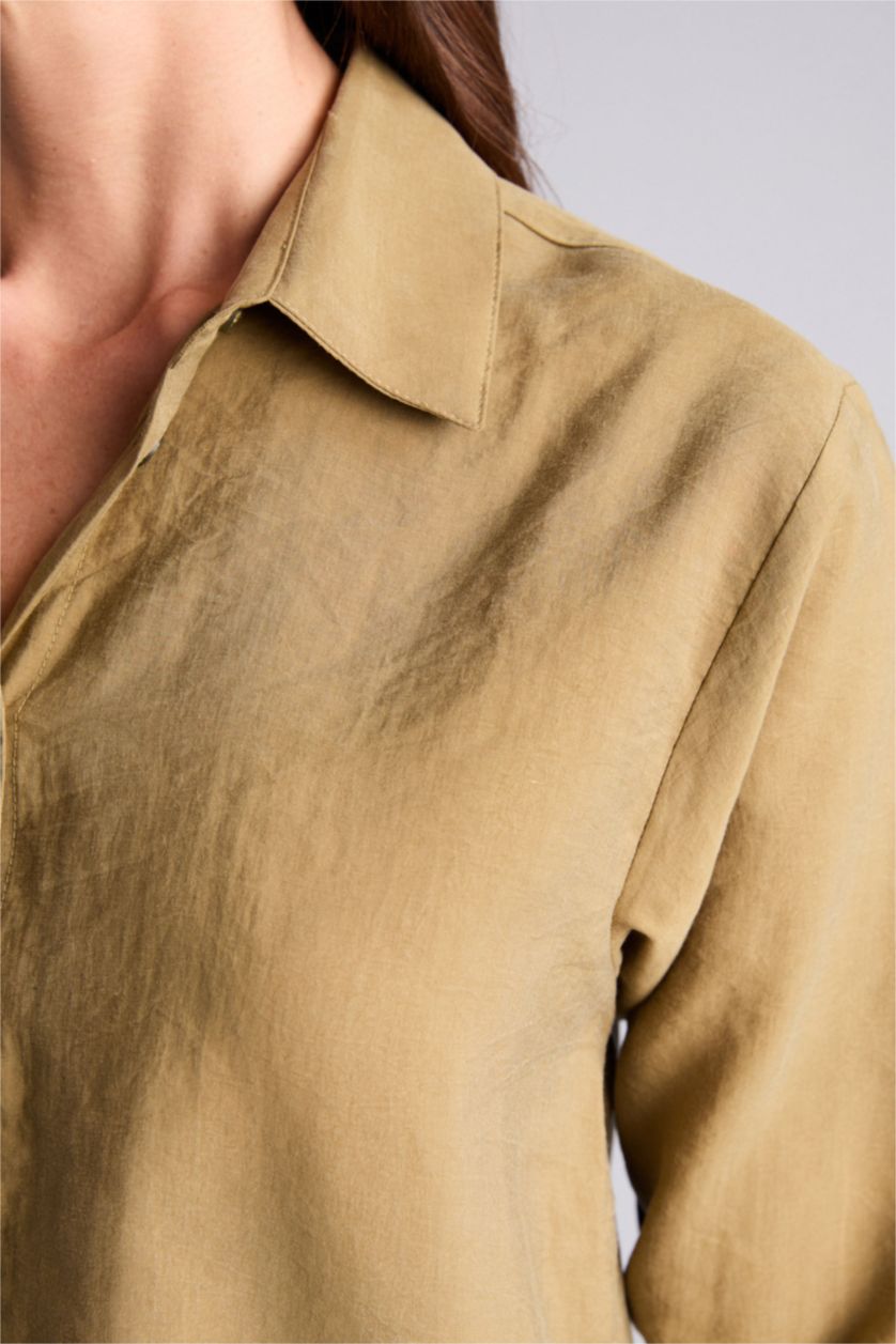 Kadın Haki Overshırt Fıt Gömlek Yaka Modal Uzun Kollu Gömlek