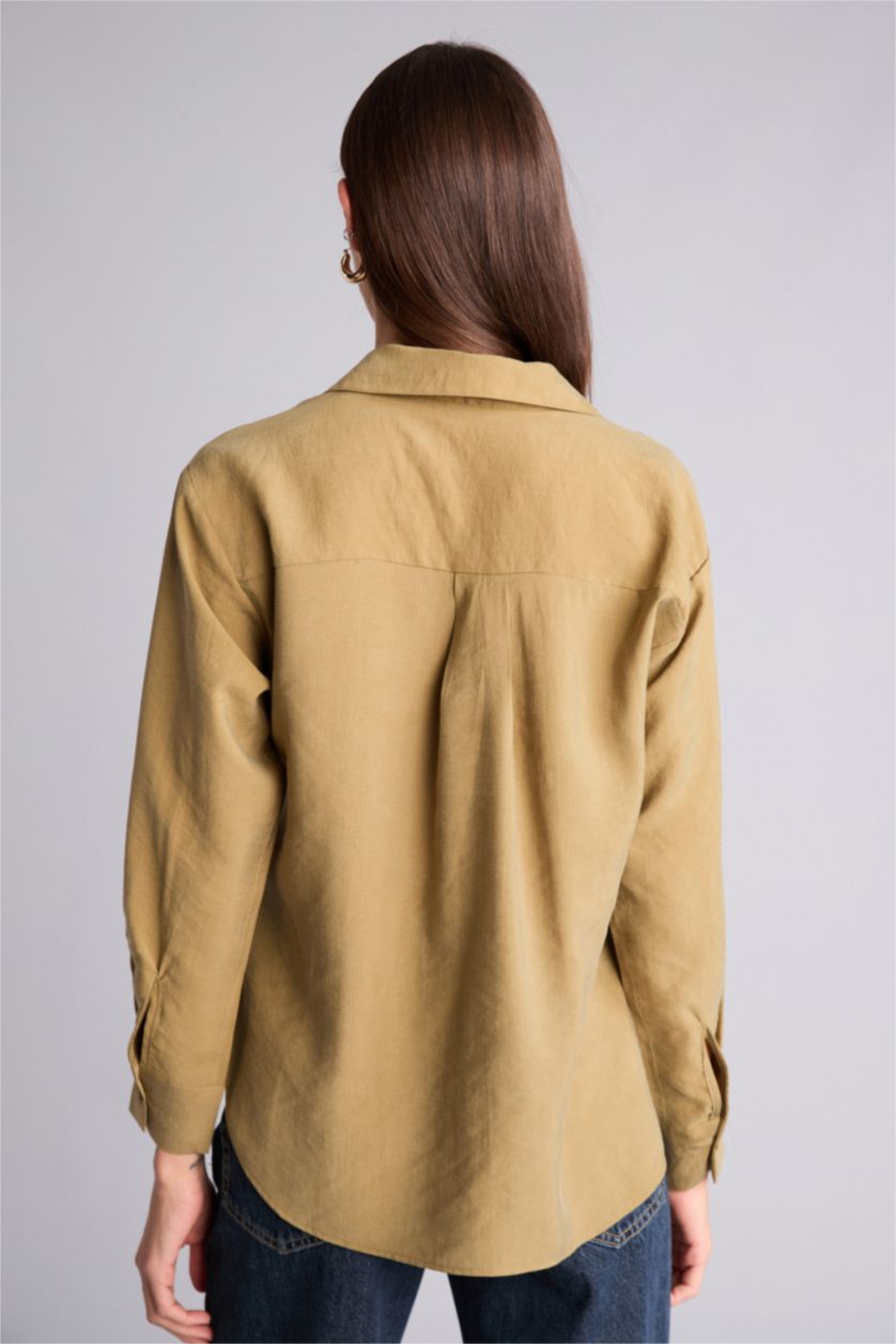 Kadın Haki Overshırt Fıt Gömlek Yaka Modal Uzun Kollu Gömlek