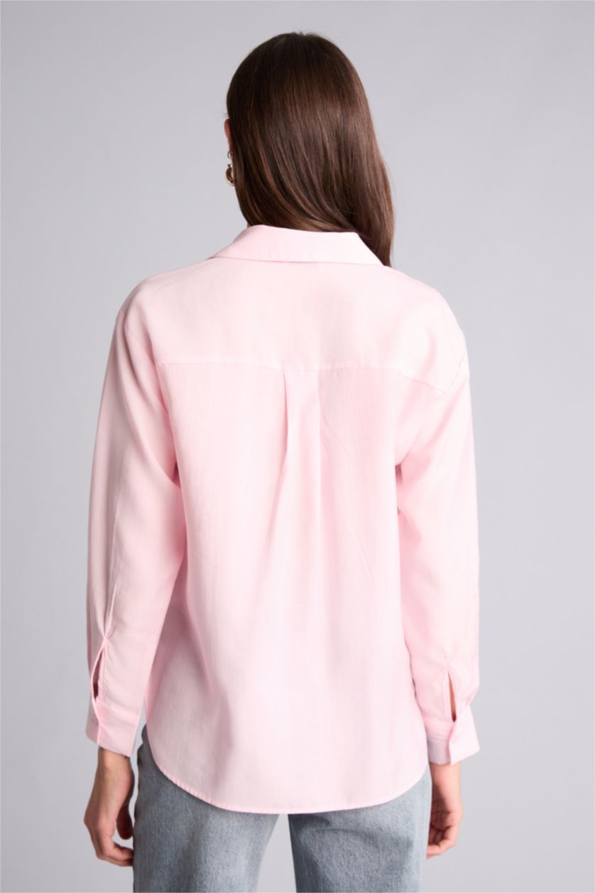 Kadın Açık Pembe Overshırt Fıt Gömlek Yaka Modal Uzun Kollu Gömlek