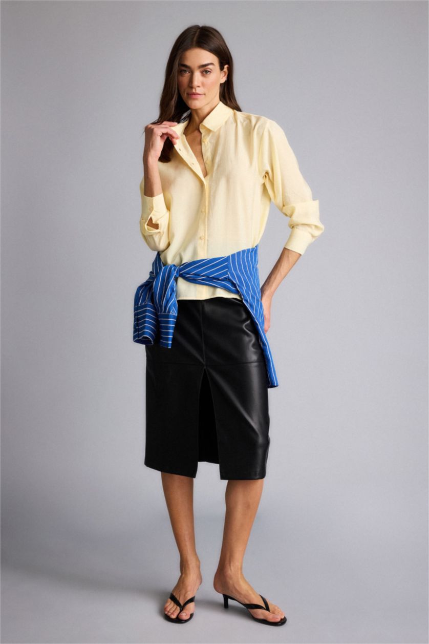 Kadın Açık Sarı Overshırt Fıt Gömlek Yaka Modal Uzun Kollu Gömlek