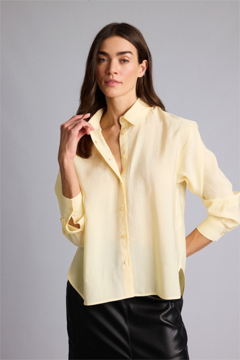 Kadın Açık Sarı Overshırt Fıt Gömlek Yaka Modal Uzun Kollu Gömlek