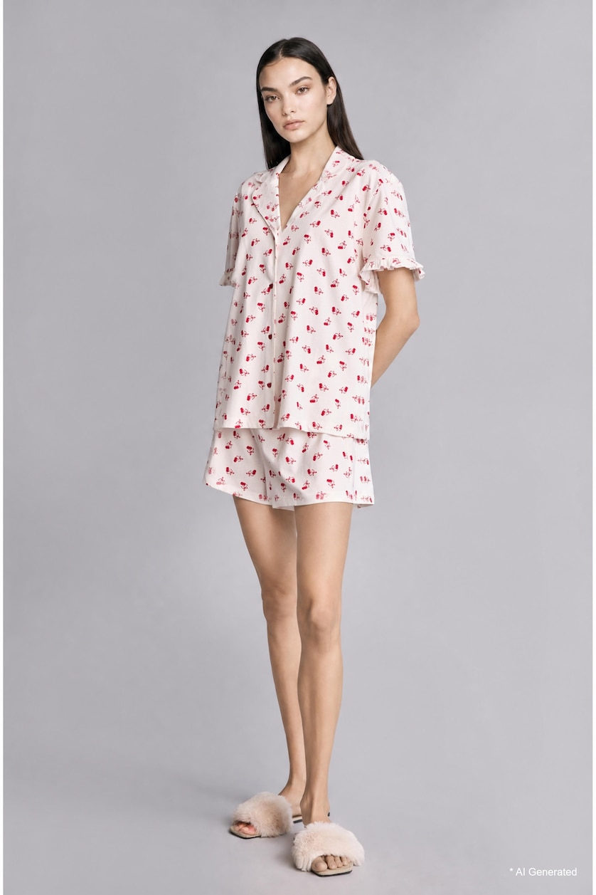 Kadın Ekru Regular Fit Desenli Pijama Takımı