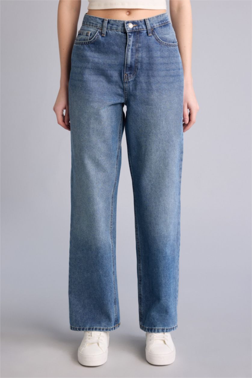 حريمي أزرق بنطلون جينز وايد ليج برجل واسع وخصر عالي