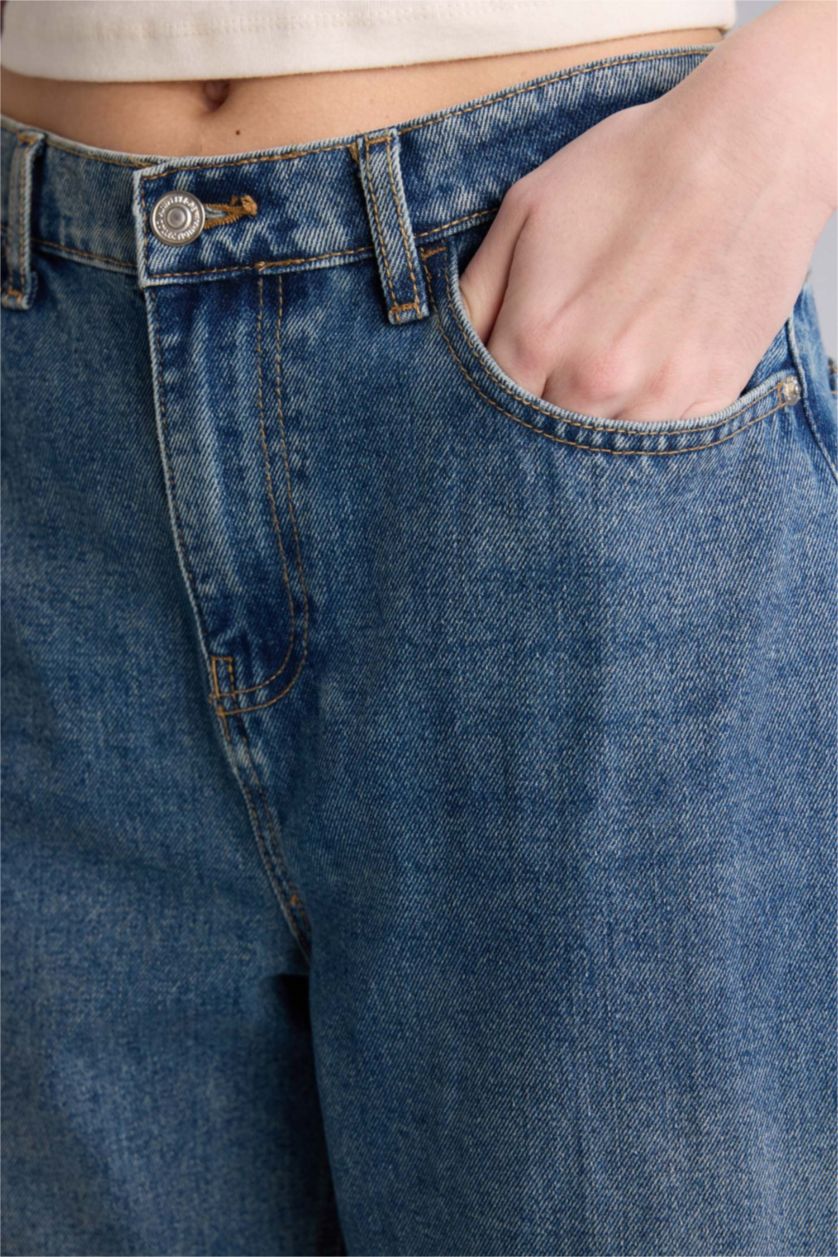 حريمي أزرق غامق بنطلون جينز وايد ليج برجل واسع وخصر عالي