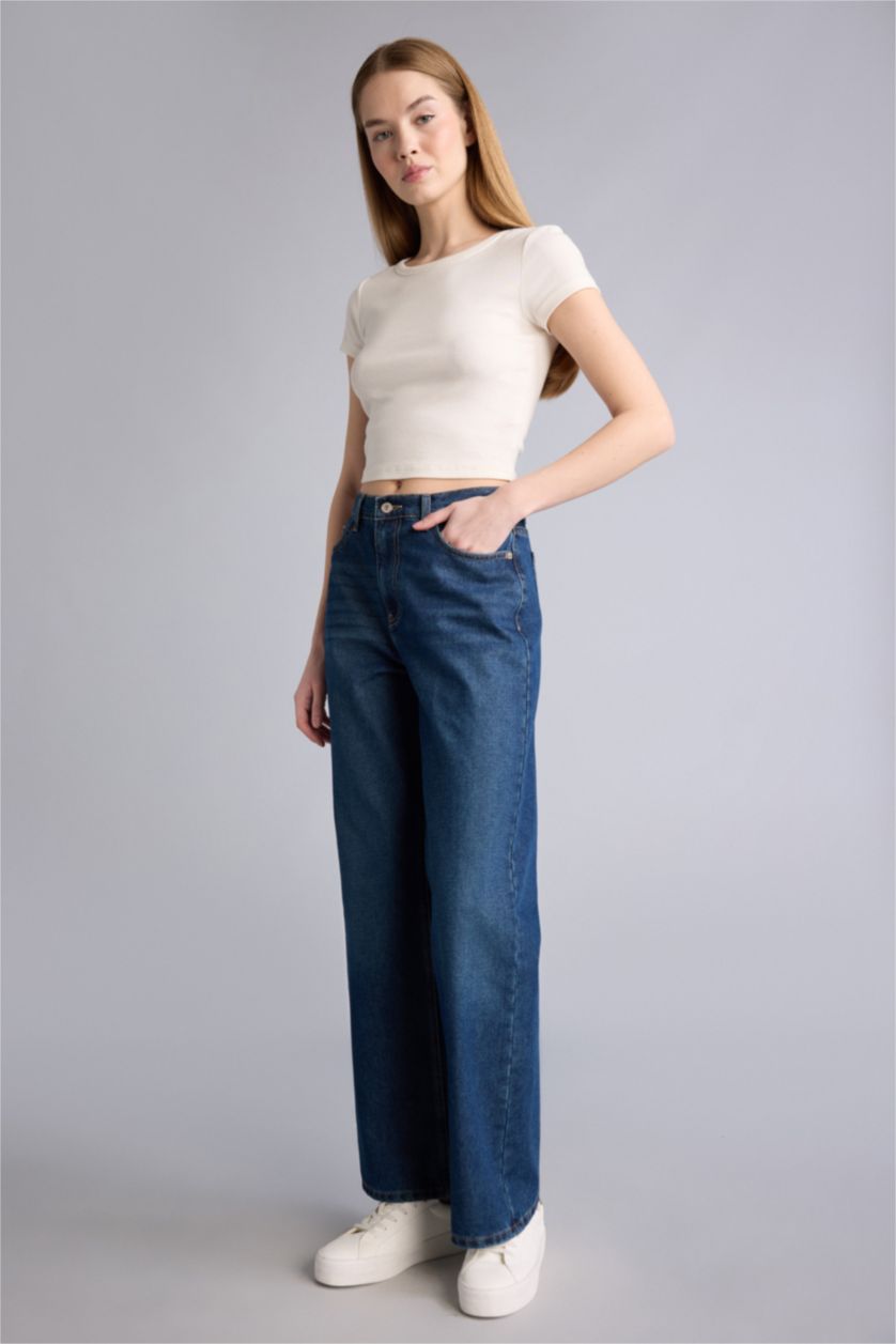 حريمي أزرق بنطلون جينز وايد ليج برجل واسع وخصر عالي