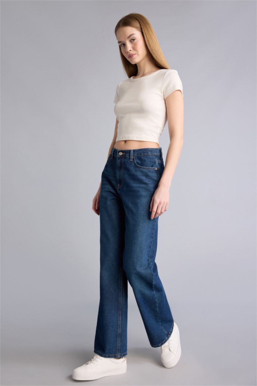 حريمي أزرق بنطلون جينز وايد ليج برجل واسع وخصر عالي