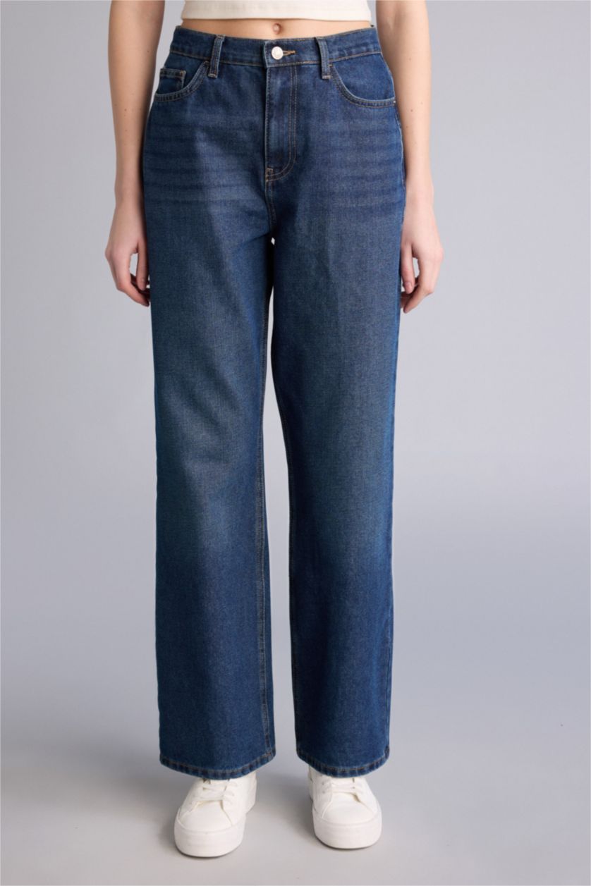 حريمي أزرق بنطلون جينز وايد ليج برجل واسع وخصر عالي