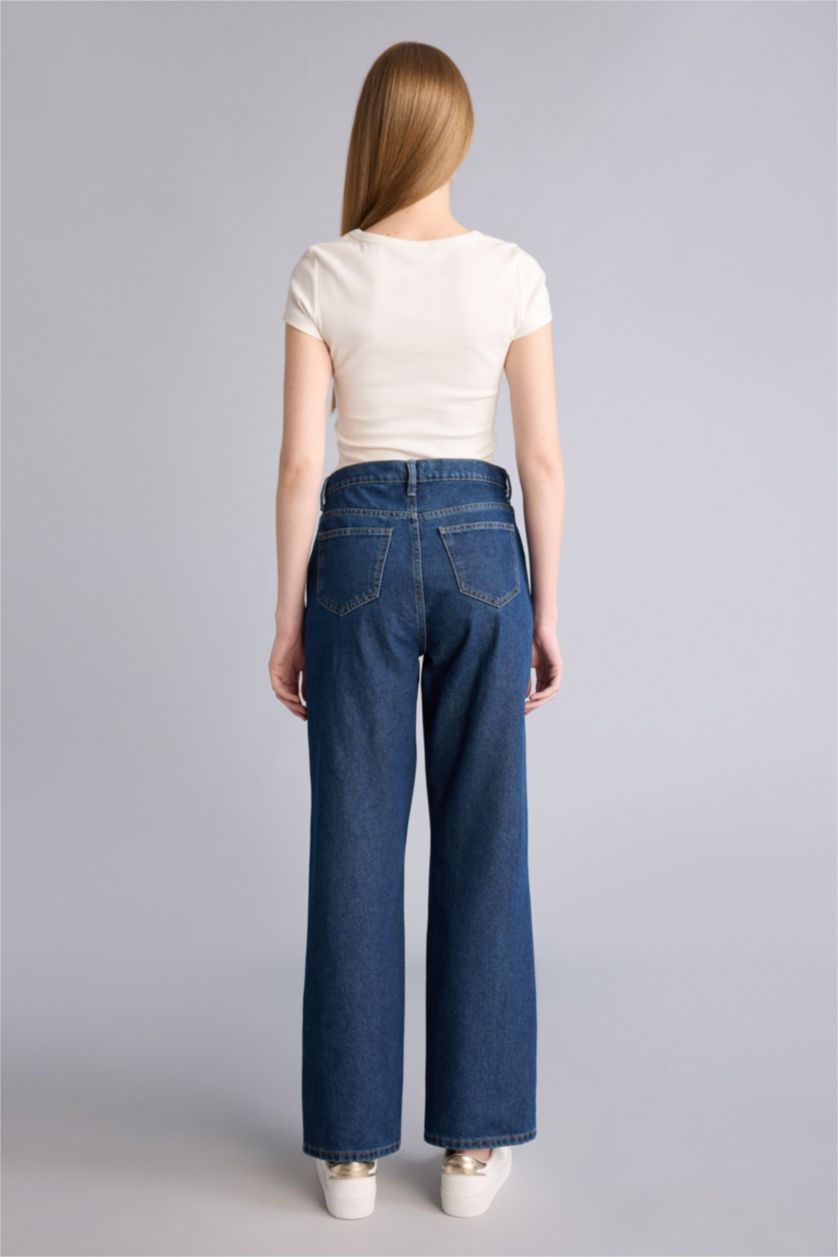 حريمي أزرق بنطلون جينز وايد ليج برجل واسع وخصر عالي