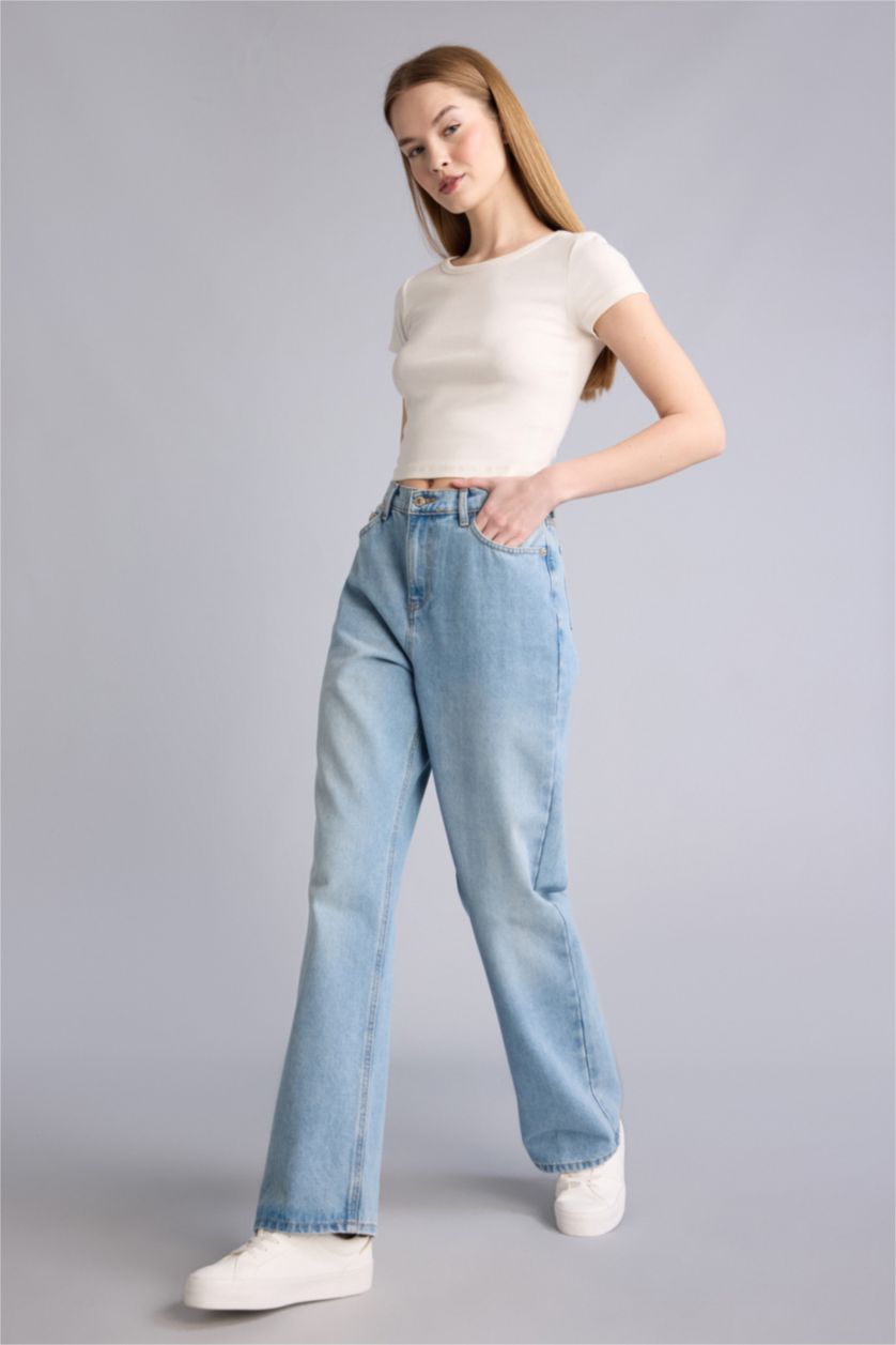 حريمي أزرق فاتح بنطلون جينز وايد ليج برجل واسع