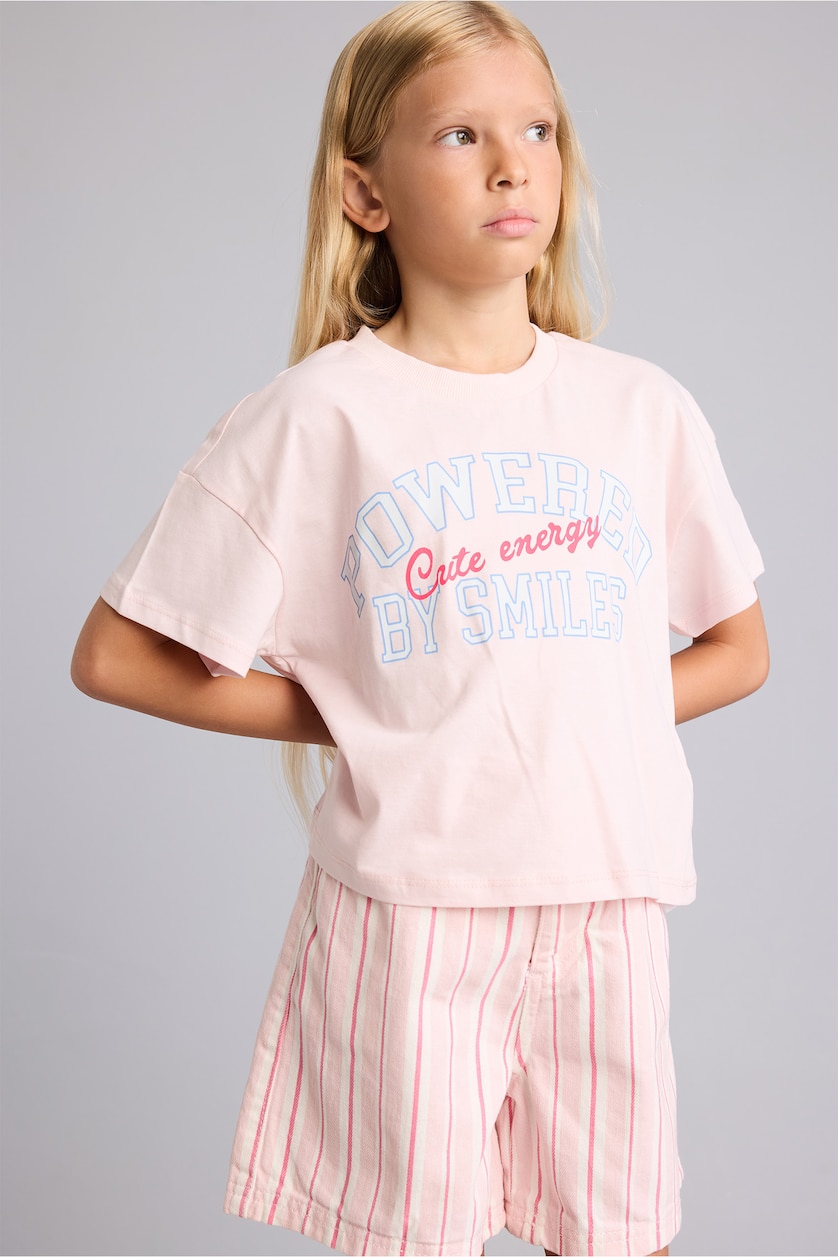 GIRLS & TEENS Light Pink تيشيرت بناتي نص كم بطبعة شعار قصة عادية