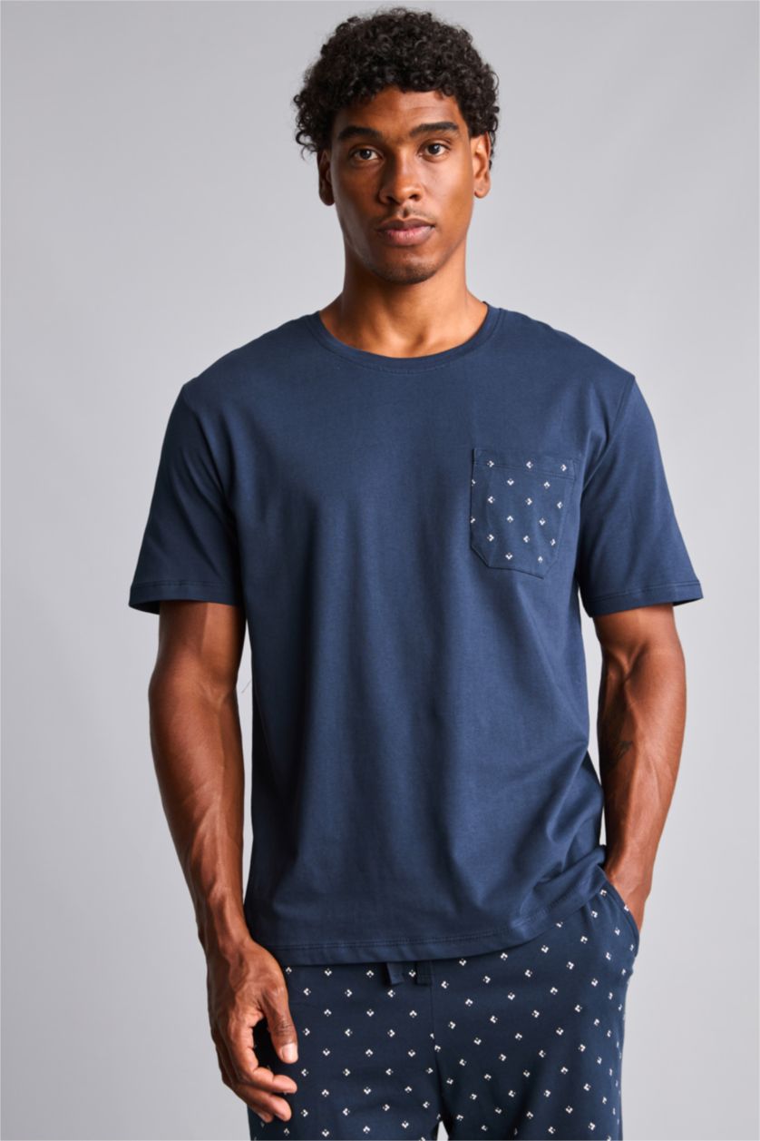 Erkek Lacivert New Regular Fit Şort Tişört 2'li Pijama Takımı