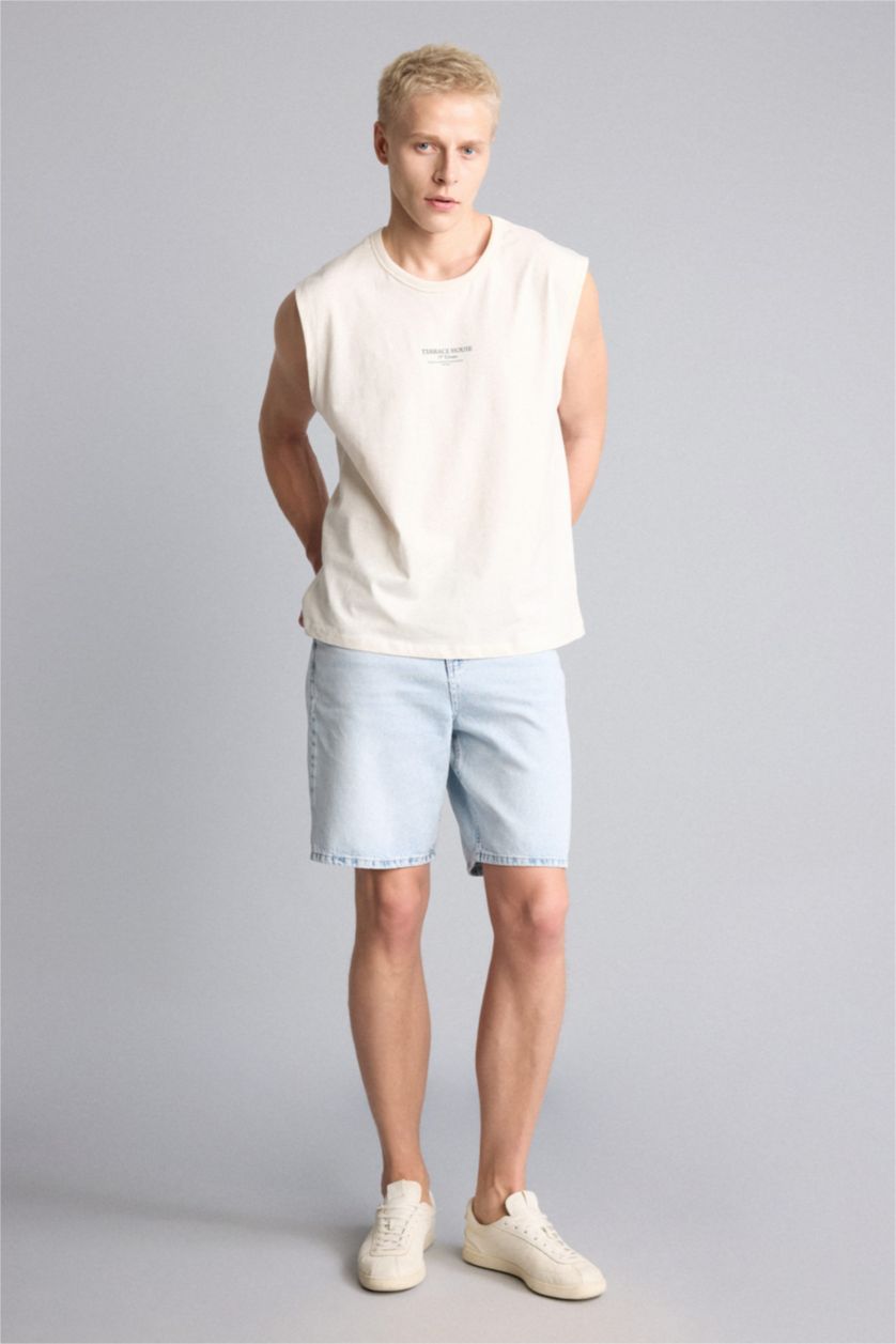 Men Ecru Boxy Fit Crew Neck Sleeveless Tank Top